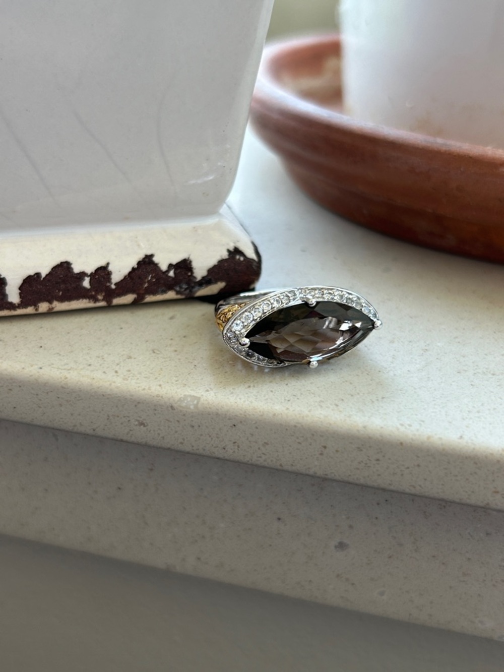 Smoky Marquise Halo Cocktail Ring - Brown Crystal with Clear Accent Stones